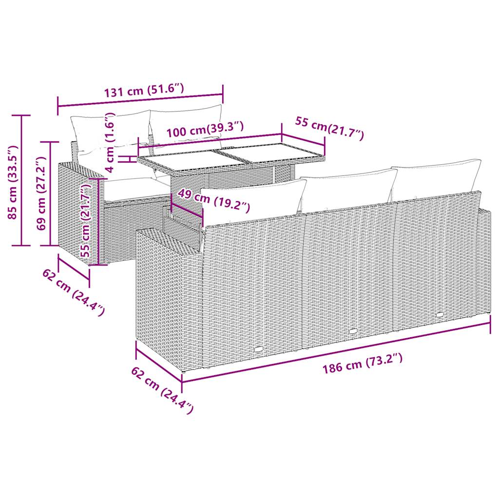 6-tlg. Garten-Sofagarnitur mit Kissen Braun Poly Rattan