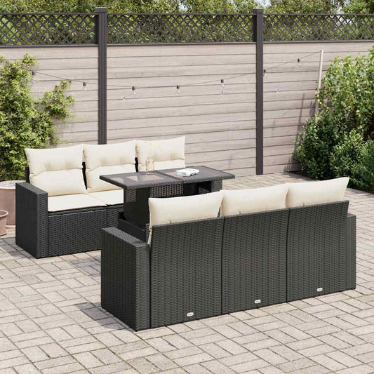 7-tlg. Garten-Sofagarnitur mit Kissen Schwarz Poly Rattan