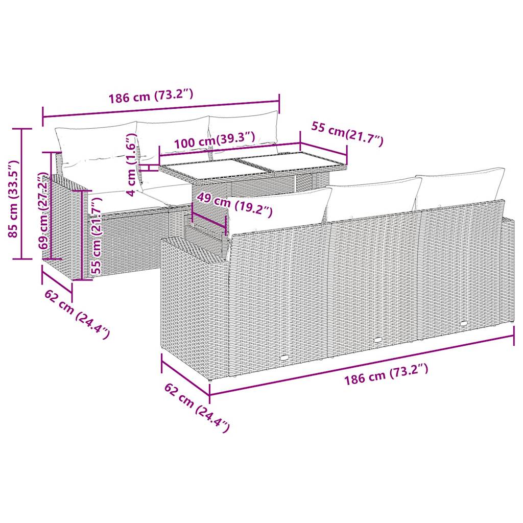 7-tlg. Garten-Sofagarnitur mit Kissen Beige Poly Rattan