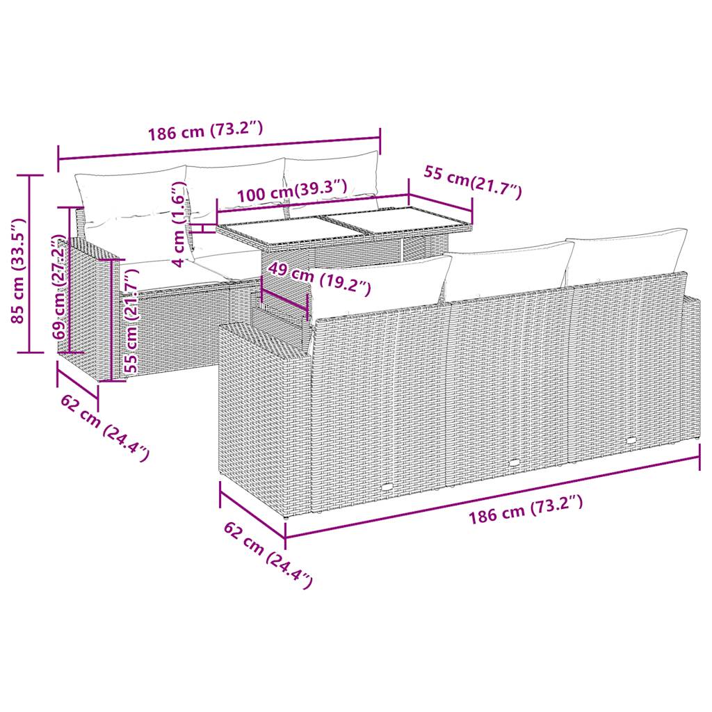 7-tlg. Garten-Sofagarnitur mit Kissen Grau Poly Rattan