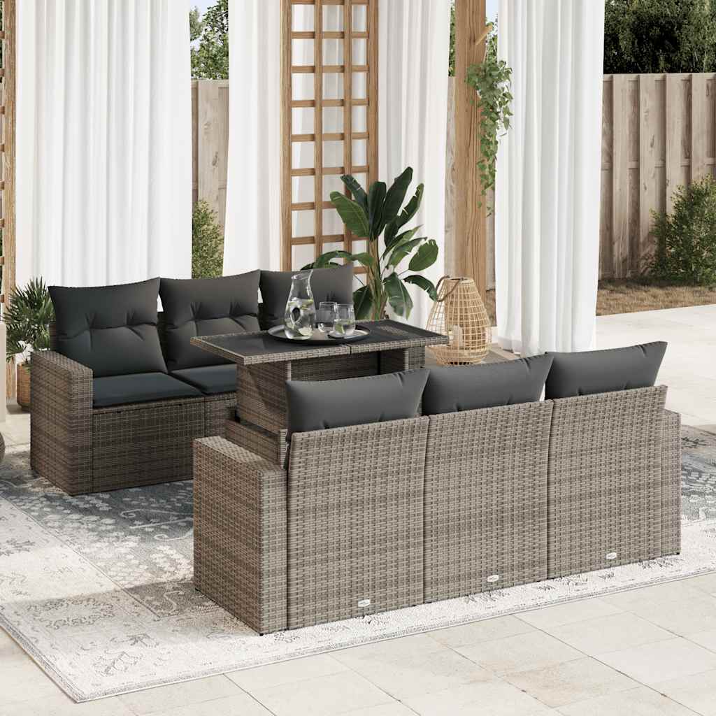 7-tlg. Garten-Sofagarnitur mit Kissen Grau Poly Rattan