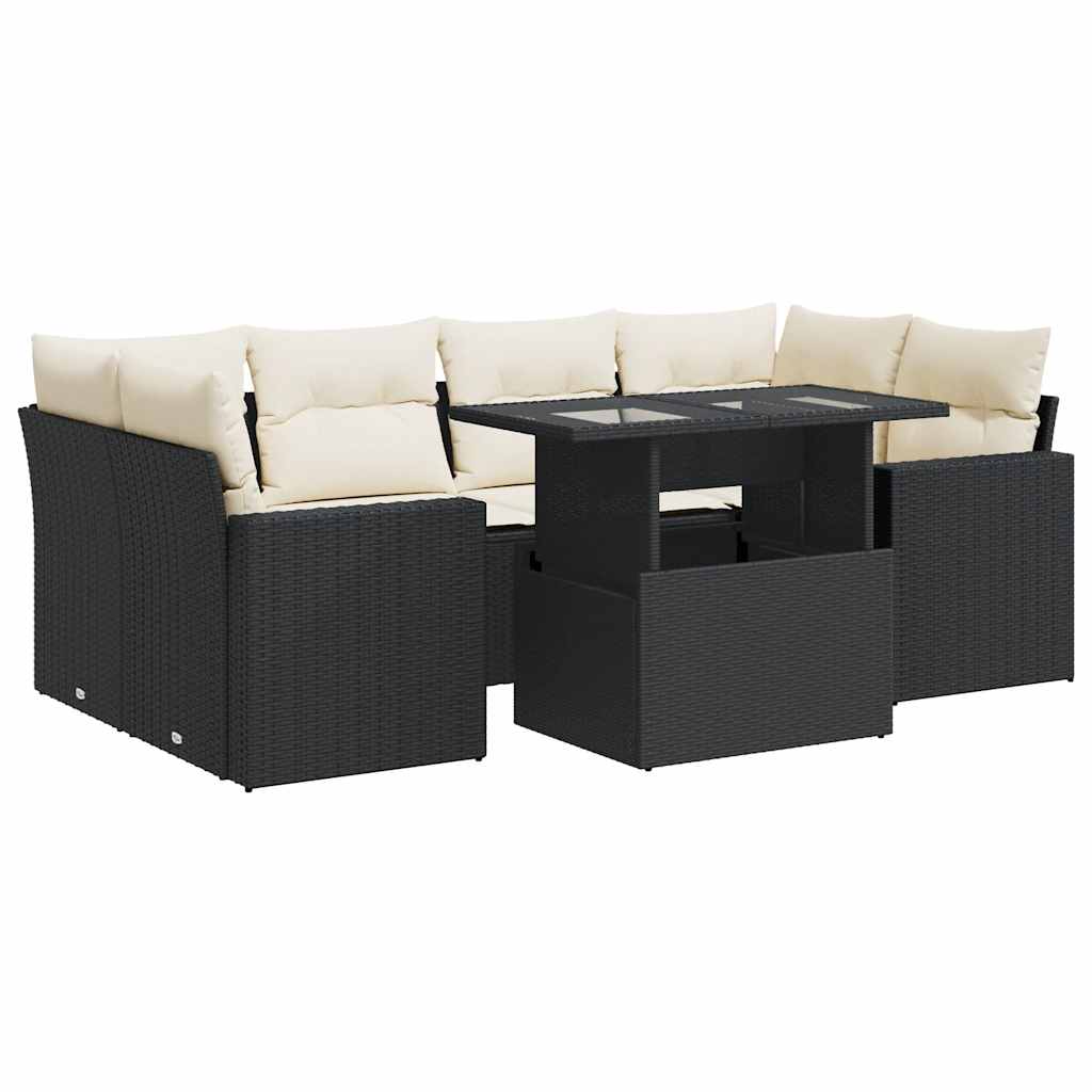 7-tlg. Garten-Sofagarnitur mit Kissen Schwarz Poly Rattan