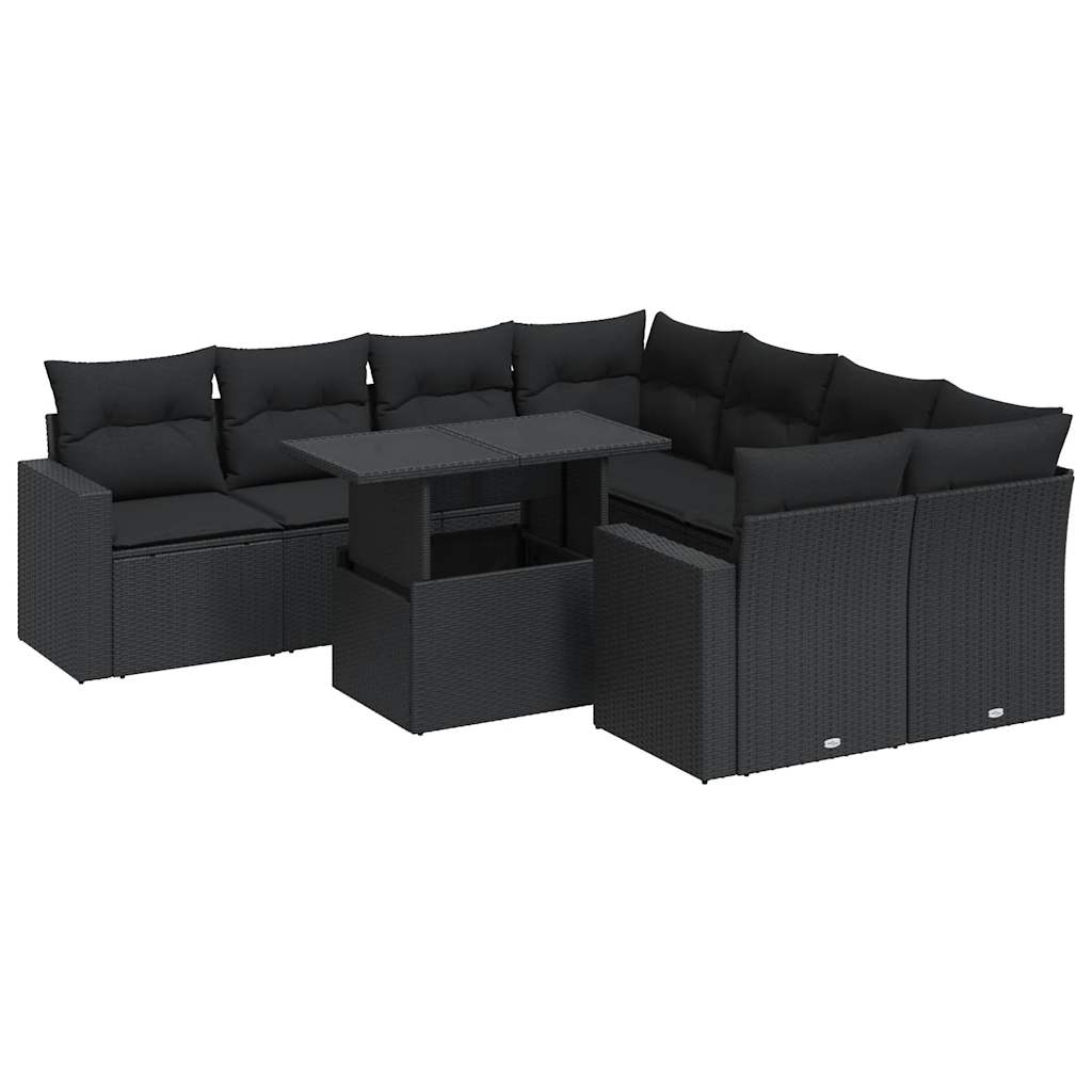 9-tlg. Garten-Sofagarnitur mit Kissen Schwarz Poly Rattan