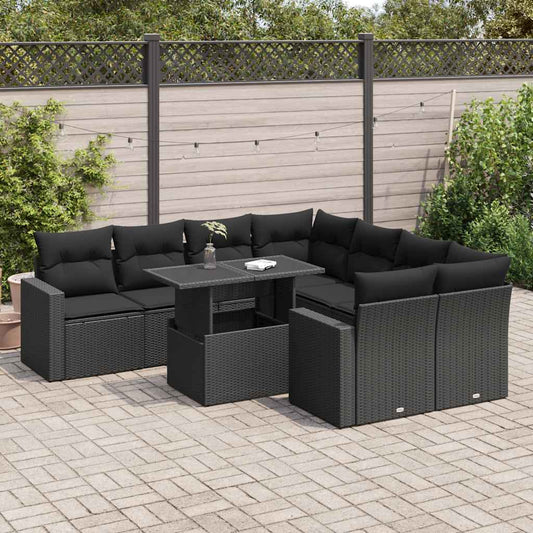 9-tlg. Garten-Sofagarnitur mit Kissen Schwarz Poly Rattan