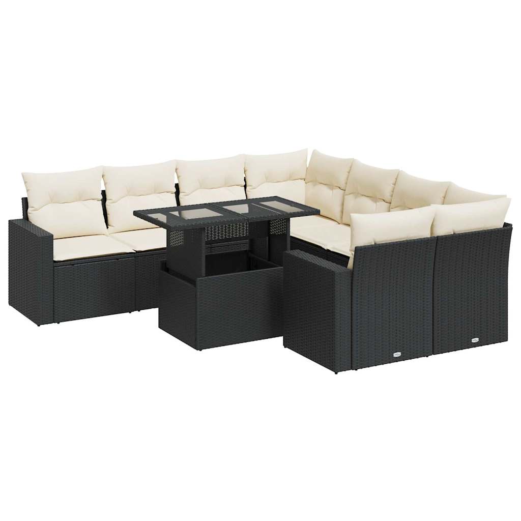 9-tlg. Garten-Sofagarnitur mit Kissen Schwarz Poly Rattan