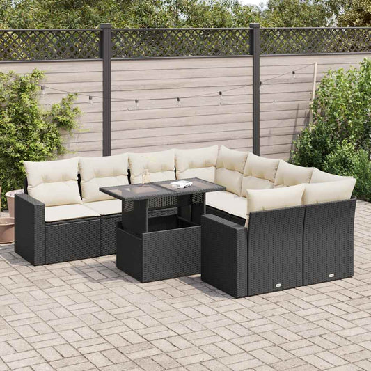 9-tlg. Garten-Sofagarnitur mit Kissen Schwarz Poly Rattan