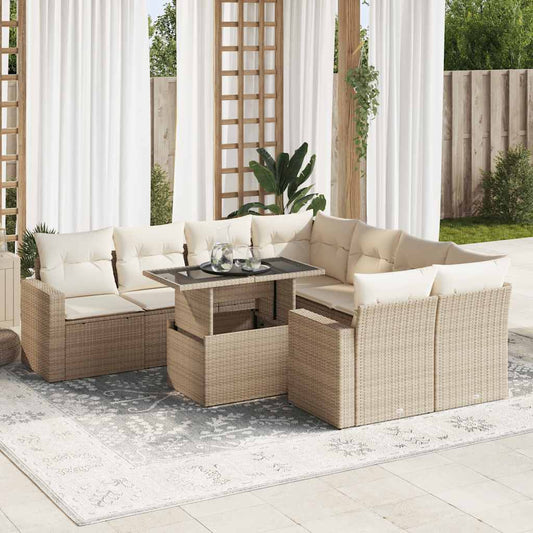 9-tlg. Garten-Sofagarnitur mit Kissen Beige Poly Rattan