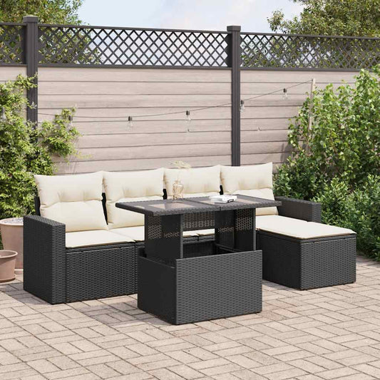 6-tlg. Garten-Sofagarnitur mit Kissen Schwarz Poly Rattan