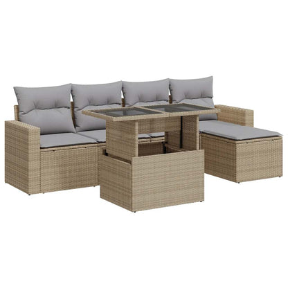 6-tlg. Garten-Sofagarnitur mit Kissen Beige Poly Rattan