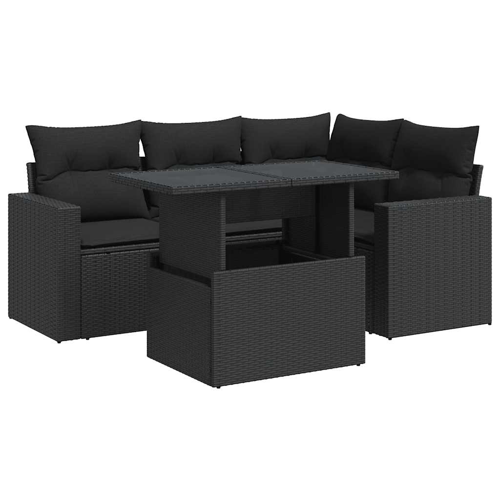 5-tlg. Garten-Sofagarnitur mit Kissen Schwarz Poly Rattan