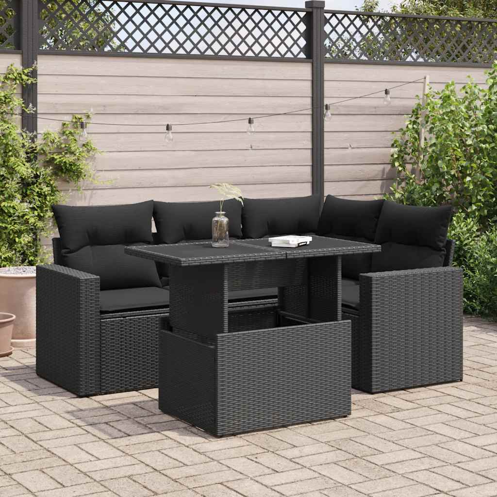 5-tlg. Garten-Sofagarnitur mit Kissen Schwarz Poly Rattan