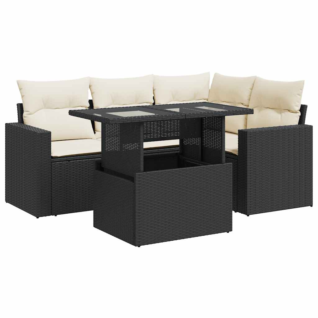 5-tlg. Garten-Sofagarnitur mit Kissen Schwarz Poly Rattan