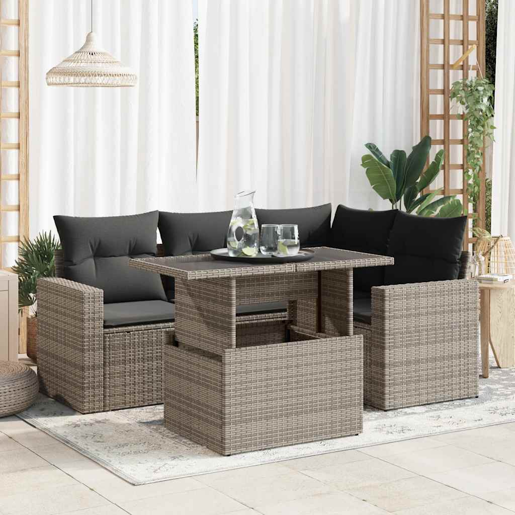 5-tlg. Garten-Sofagarnitur mit Kissen Grau Poly Rattan