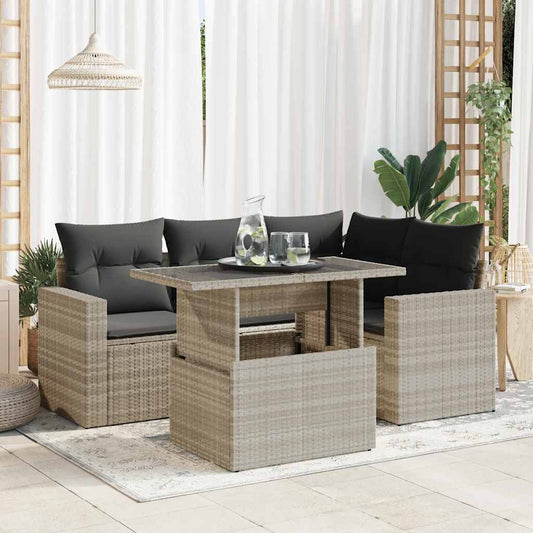 5-tlg. Garten-Sofagarnitur mit Kissen Hellgrau Poly Rattan