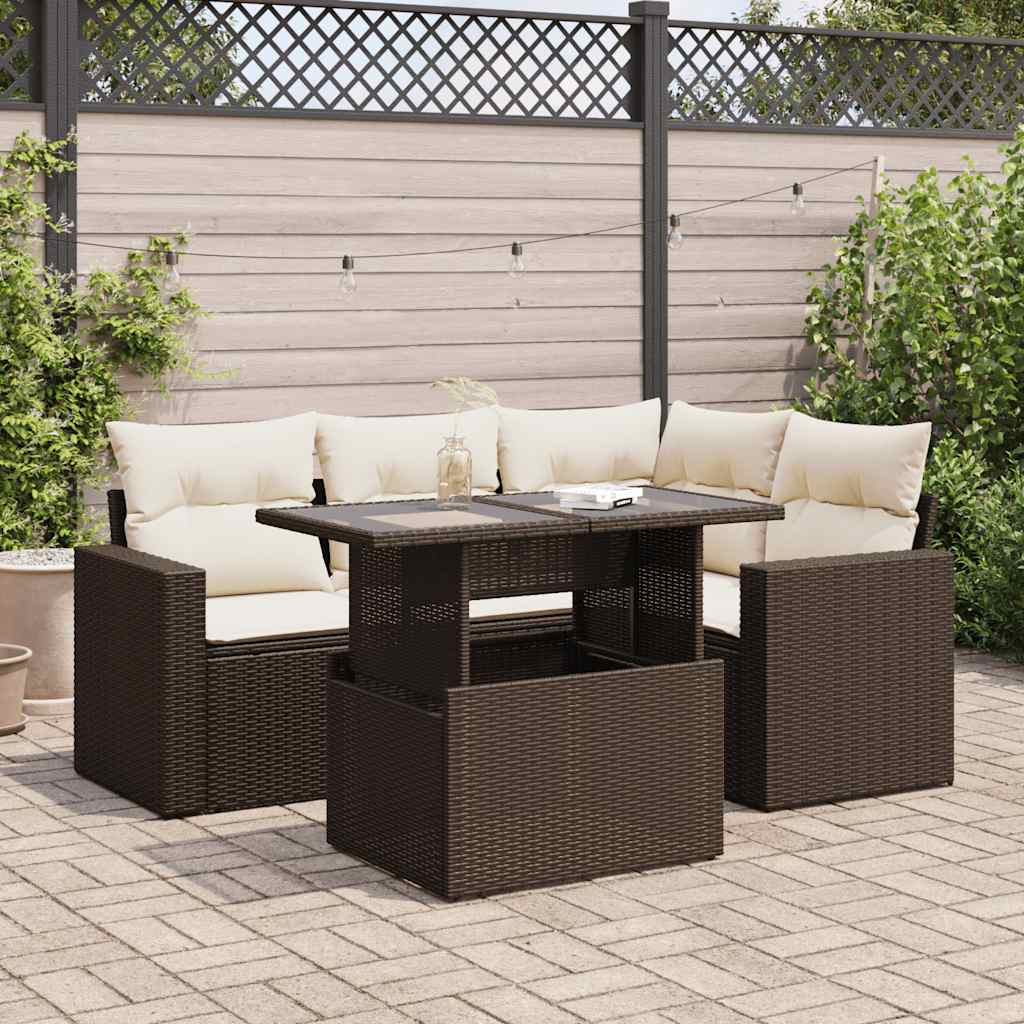 5-tlg. Garten-Sofagarnitur mit Kissen Braun Poly Rattan