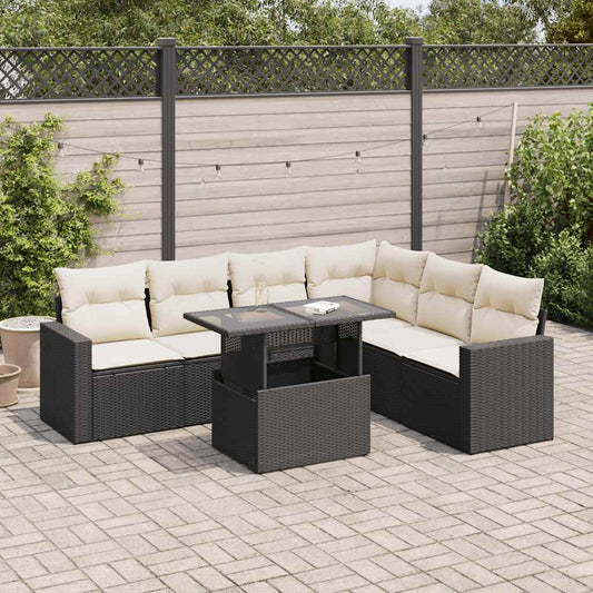 7-tlg. Garten-Sofagarnitur mit Kissen Schwarz Poly Rattan