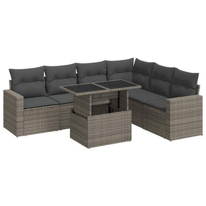 7-tlg. Garten-Sofagarnitur mit Kissen Grau Poly Rattan