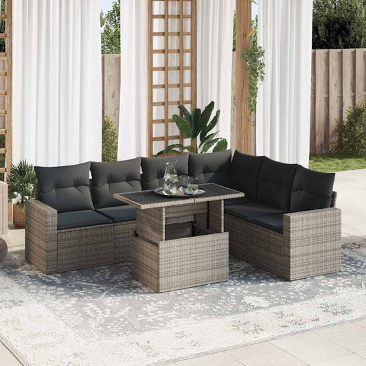 7-tlg. Garten-Sofagarnitur mit Kissen Grau Poly Rattan