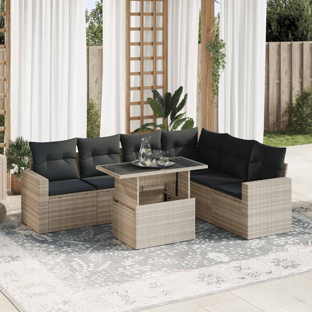 7-tlg. Garten-Sofagarnitur mit Kissen Hellgrau Poly Rattan