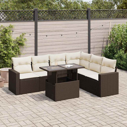 7-tlg. Garten-Sofagarnitur mit Kissen Braun Poly Rattan