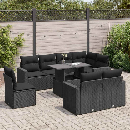 9-tlg. Garten-Sofagarnitur mit Kissen Schwarz Poly Rattan