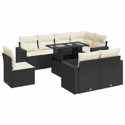 9-tlg. Garten-Sofagarnitur mit Kissen Schwarz Poly Rattan