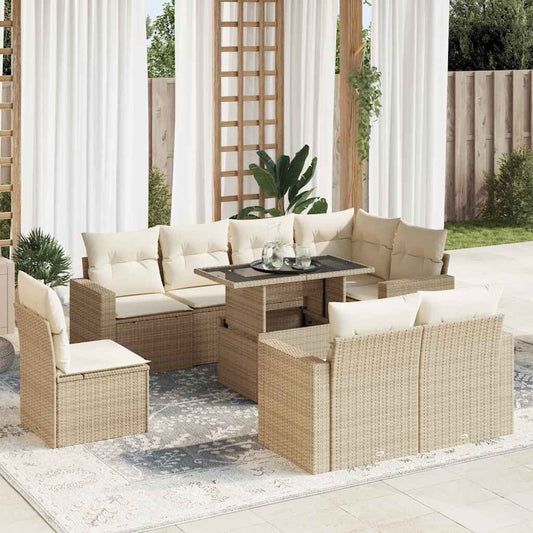 9-tlg. Garten-Sofagarnitur mit Kissen Beige Poly Rattan