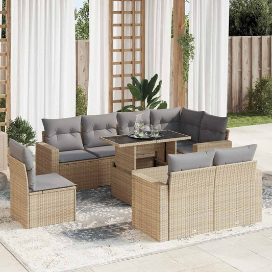 9-tlg. Garten-Sofagarnitur mit Kissen Beige Poly Rattan