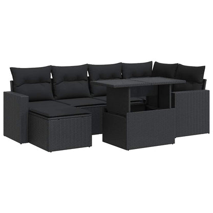 7-tlg. Garten-Sofagarnitur mit Kissen Schwarz Poly Rattan