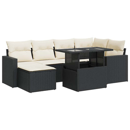 7-tlg. Garten-Sofagarnitur mit Kissen Schwarz Poly Rattan