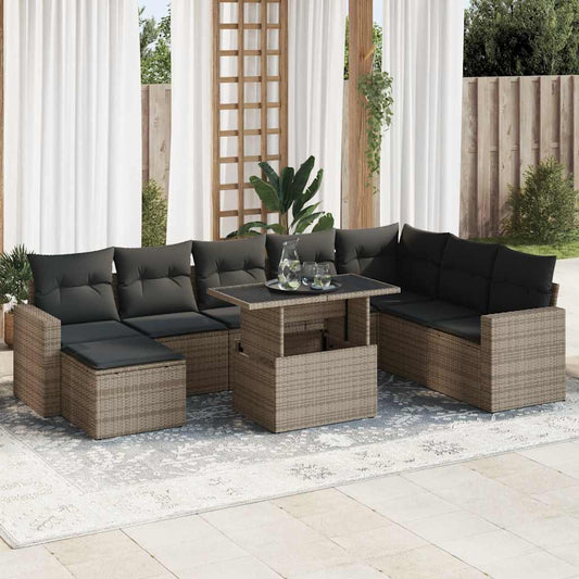 9-tlg. Garten-Sofagarnitur mit Kissen Grau Poly Rattan