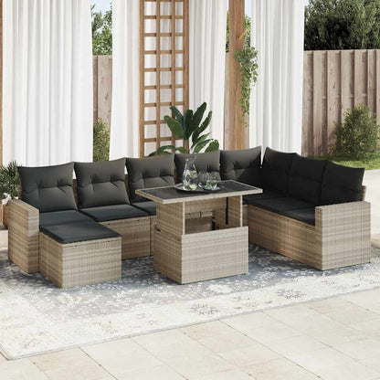 9-tlg. Garten-Sofagarnitur mit Kissen Hellgrau Poly Rattan