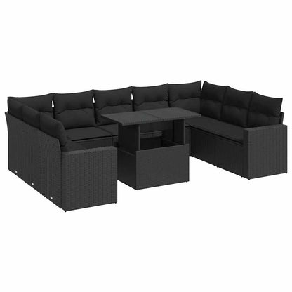 10-tlg. Garten-Sofagarnitur mit Kissen Schwarz Poly Rattan