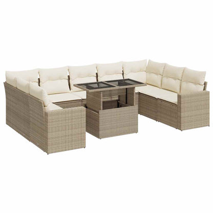 10-tlg. Garten-Sofagarnitur mit Kissen Beige Poly Rattan