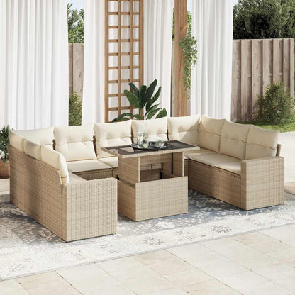 10-tlg. Garten-Sofagarnitur mit Kissen Beige Poly Rattan