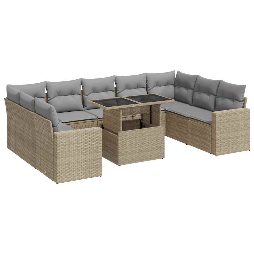 10-tlg. Garten-Sofagarnitur mit Kissen Beige Poly Rattan