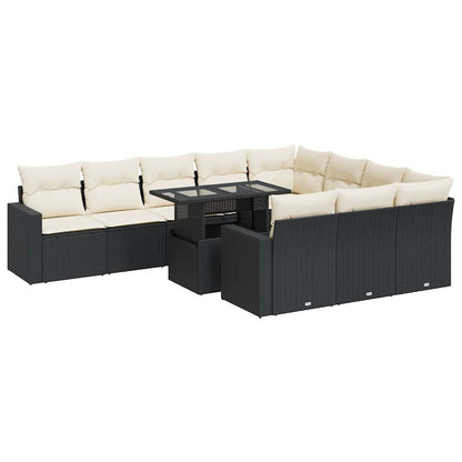 11-tlg. Garten-Sofagarnitur mit Kissen Schwarz Poly Rattan