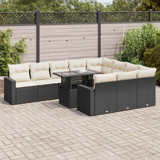 11-tlg. Garten-Sofagarnitur mit Kissen Schwarz Poly Rattan