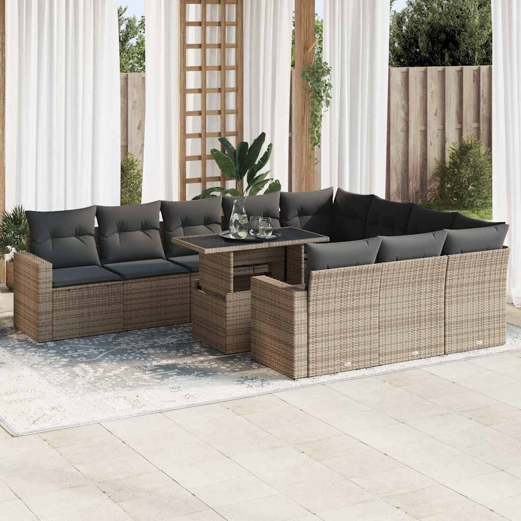 11-tlg. Garten-Sofagarnitur mit Kissen Grau Poly Rattan