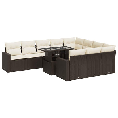 11-tlg. Garten-Sofagarnitur mit Kissen Braun Poly Rattan