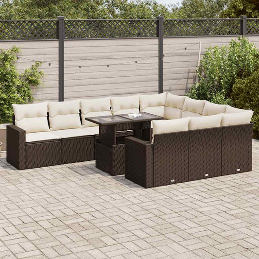 11-tlg. Garten-Sofagarnitur mit Kissen Braun Poly Rattan