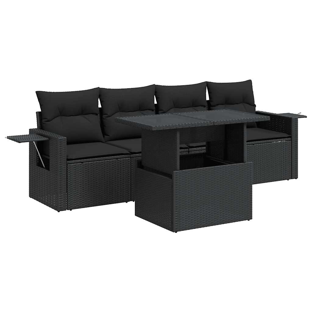 5-tlg. Garten-Sofagarnitur mit Kissen Schwarz Poly Rattan