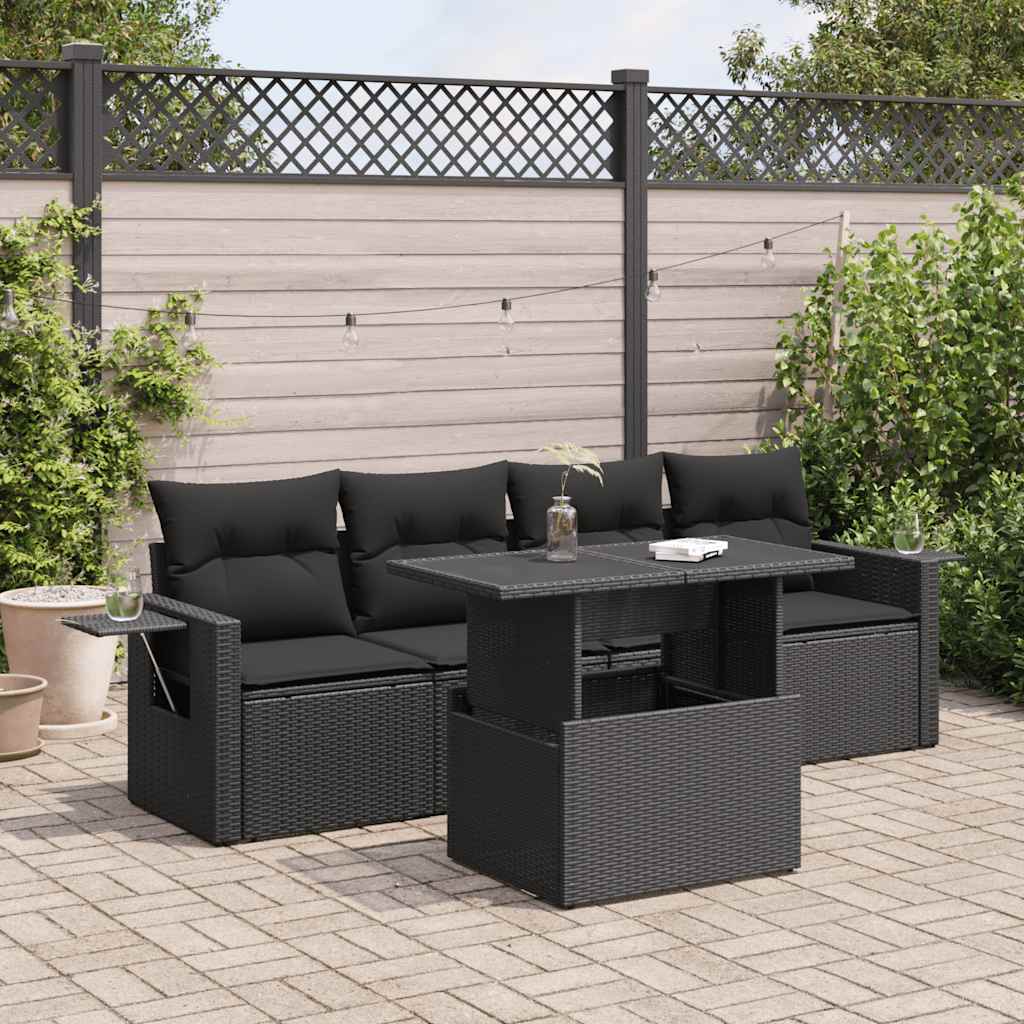 5-tlg. Garten-Sofagarnitur mit Kissen Schwarz Poly Rattan