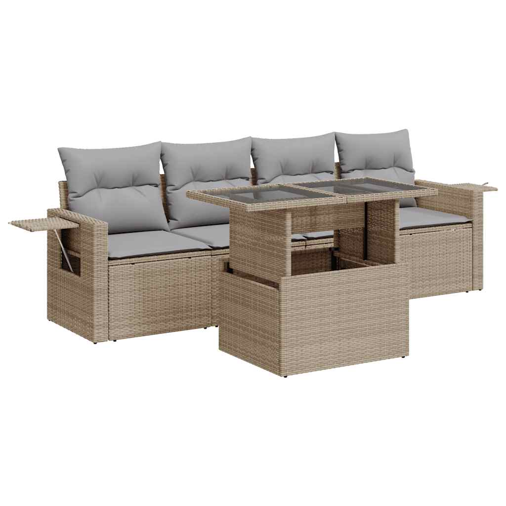 5-tlg. Garten-Sofagarnitur mit Kissen Beige Poly Rattan