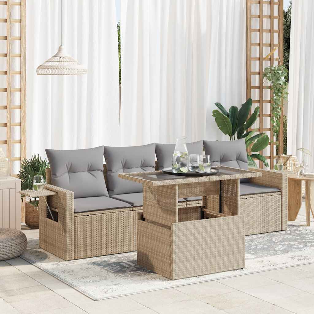 5-tlg. Garten-Sofagarnitur mit Kissen Beige Poly Rattan