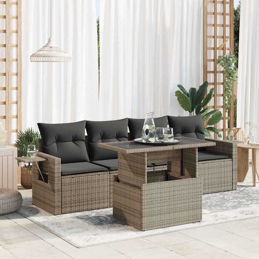 5-tlg. Garten-Sofagarnitur mit Kissen Grau Poly Rattan