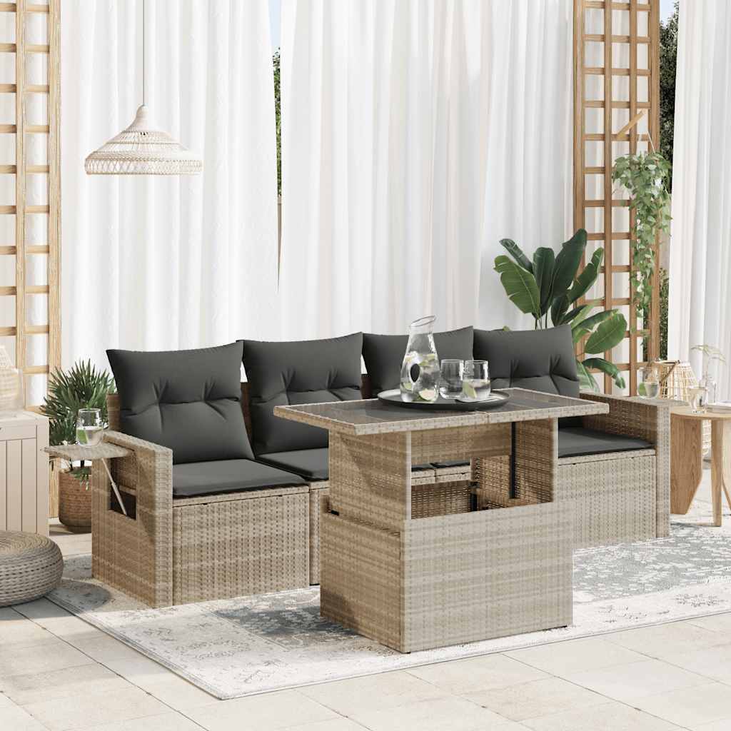 5-tlg. Garten-Sofagarnitur mit Kissen Hellgrau Poly Rattan