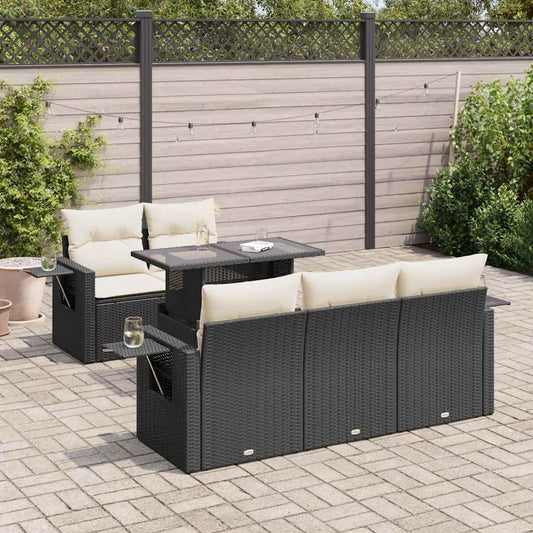 6-tlg. Garten-Sofagarnitur mit Kissen Schwarz Poly Rattan