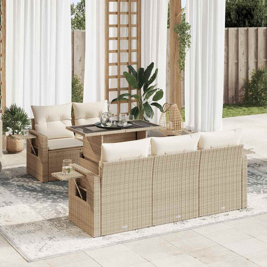 6-tlg. Garten-Sofagarnitur mit Kissen Beige Poly Rattan