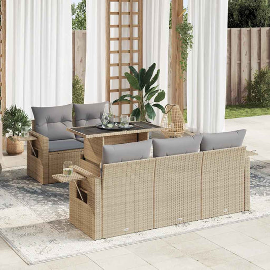 6-tlg. Garten-Sofagarnitur mit Kissen Beige Poly Rattan